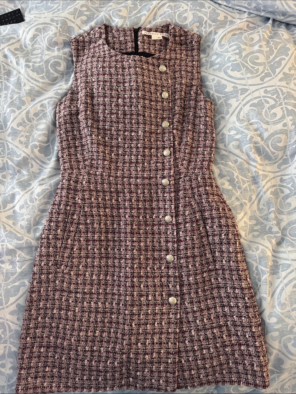 Veronica Beard Burgundy Tweed Sleeveless Shift Dress